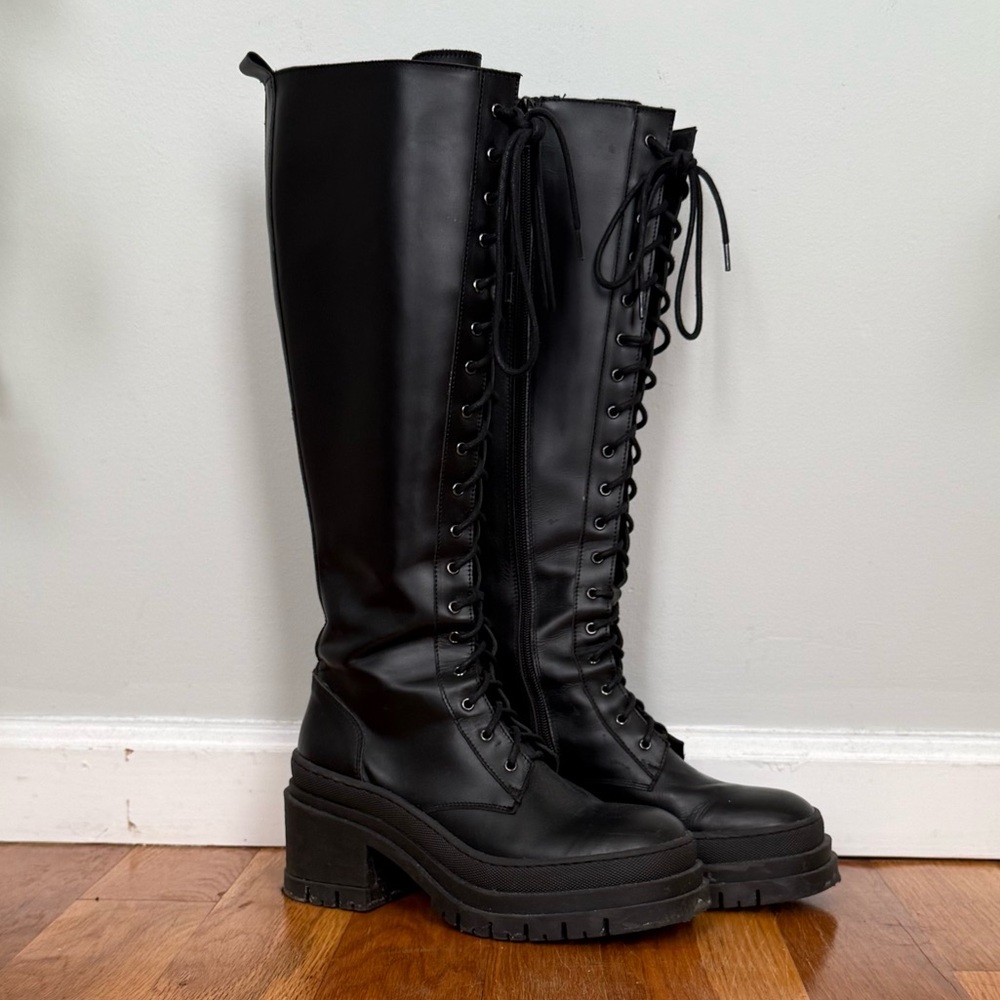 Genuine Leather Black Lace-Up Tall Knee High Combat Boots Platform - 37